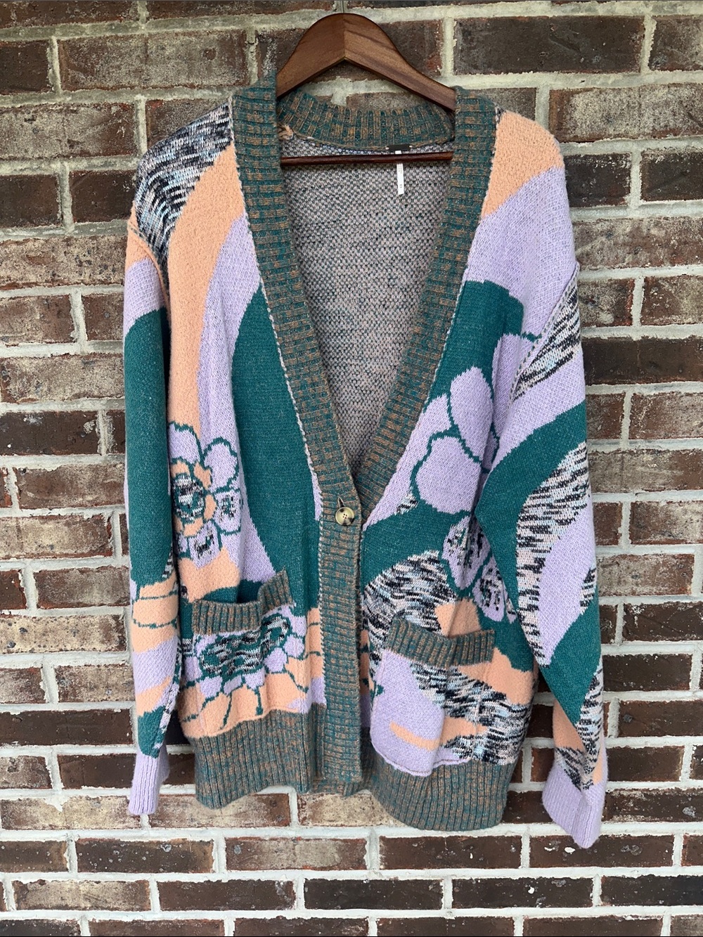FREE PEOPLE Floral Patchwork Open-Front Cardigan Sweater in Teal, Lilac & Peach